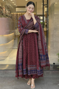 Apparelia Printed Anarkali Kurta, Bottom & Dupatta Set