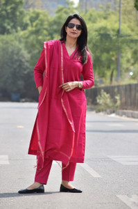 Joyfinity Solid Kurta, Dhoti Pant & Dupatta Set