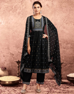 Tasrika Printed, Embellished Anarkali Kurta, Bottom & Dupatta Set