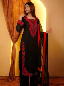 SHIVU Embroidered Kurta, Palazzo & Dupatta Set