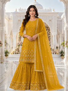 TUHIRAAJ Embroidered Kurta, Sharara & Dupatta Set