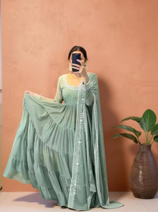 HOUSE OF COMMON Embroidered Anarkali Kurta, Bottom & Dupatta Set