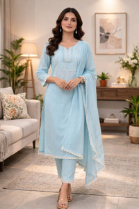 ETHNIQU Geometric Print Kurta, Salwar & Dupatta Set