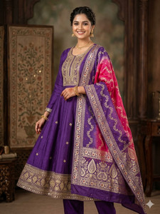 Precia Printed Anarkali Kurta, Bottom & Dupatta Set