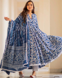 sarswa Printed Anarkali Kurta, Bottom & Dupatta Set