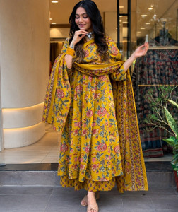 Atierking Floral Print Anarkali Kurta, Bottom & Dupatta Set