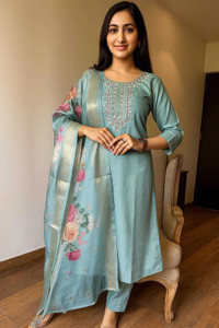 SEE CRAFT Embroidered Kurta, Trouser/Pant & Dupatta Set