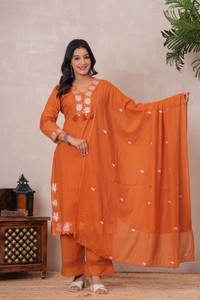 FEEL WISH Embroidered Kurta, Palazzo & Dupatta Set