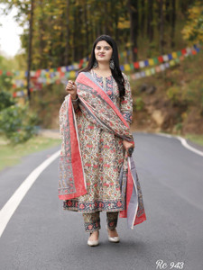Pehnawabypathak Floral Print Anarkali Kurta, Bottom & Dupatta Set