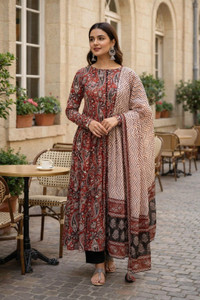 Apparelia Printed Anarkali Kurta, Bottom & Dupatta Set