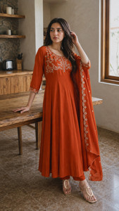 RUTABO Embroidered Anarkali Kurta, Bottom & Dupatta Set