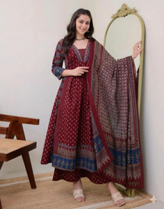 WEARISM Printed Anarkali Kurta, Bottom & Dupatta Set