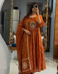 SI and KU Fabrics Embroidered Kurta, Palazzo & Dupatta Set