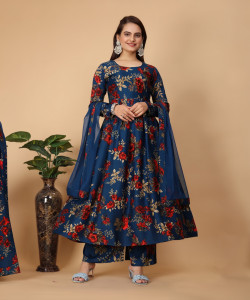 Koodii Designer Floral Print Kurta, Palazzo & Dupatta Set