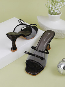 LOUIS STITCH Stylish Transparent Net Bow Strap Black Pointed Heel Sandal Women Heels