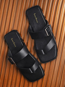LOUIS STITCH Jet Black Open Toe T-Strap Leather Adjustable Buckle Strap Men Sandals
