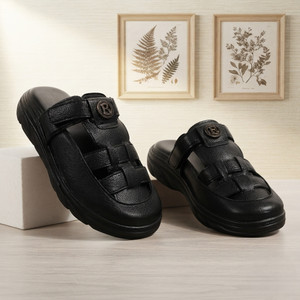 Real Bliss Black Leather-Look Men Casual Sandals - Image 6