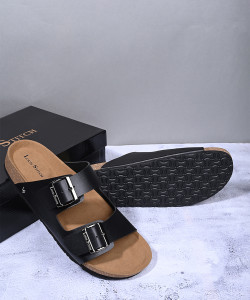 LOUIS STITCH Jet Black Lightweight Open Toe Double Strap, Slip-On Cork Sandal, UK-10 Men Sandals
