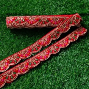 DEVHARU (8 Mtr Cut) Red Colour Velvet 1.5 Inch Size Pankha Design With Embroidery Lace Saree Falls
