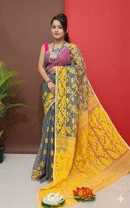 BASANTA NILASH Woven, Floral Print, Self Design Jamdani Cotton Blend Saree