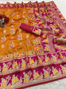 Abhilipsa एम्बेलिश्ड बालूचरी प्योर सिल्क, सिल्क ब्लेंड साड़ी