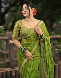 Satrani Printed, Embroidered, Embellished Leheria Chiffon, Georgette Saree