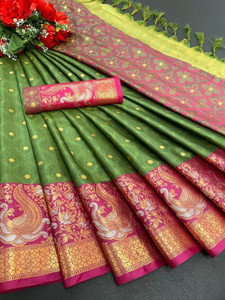 VILLAGIUS Woven Dharmavaram Cotton Silk, Jacquard Saree