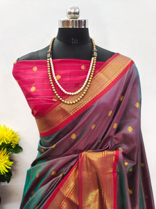 VILLAGIUS Embellished, Woven, Temple Border, Printed Banarasi Art Silk, Cotton Silk Saree