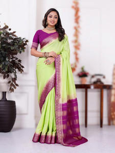 RR Sarees Solid/Plain, Woven, Temple Border, Floral Print Bollywood Pure Silk Saree