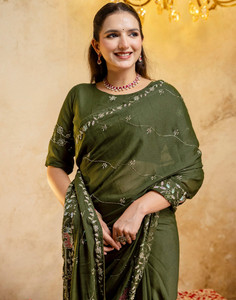Samah एम्बेलिश्ड प्री ड्रेप्ड साड़ी जिमी जिमी, जोर्जेट साड़ी