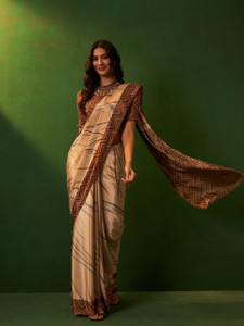 Vichitra Printed, Temple Border Daily Wear Crepe, Silk Blend Saree