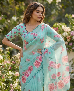 parakhiya fab Floral Print Bollywood Cotton Linen Saree