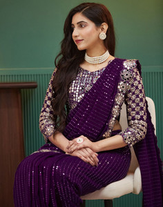 Satrani Embellished, Embroidered, Self Design Bollywood Georgette Saree