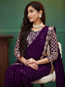 Satrani Embellished, Embroidered, Self Design Bollywood Georgette Saree