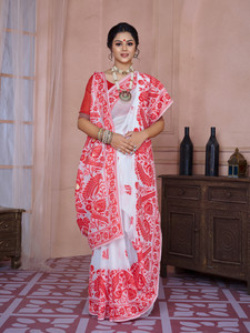 Niwaa Printed, Self Design, Floral Print, Embellished, Woven Jamdani Cotton Blend, Jacquard Saree