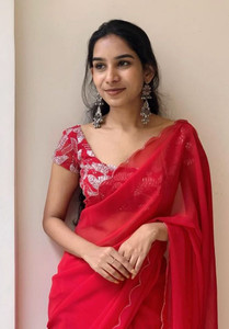 HANS ENTERPRISE Embellished, Solid/Plain, Color Block, Woven, Dyed Bollywood Georgette Saree
