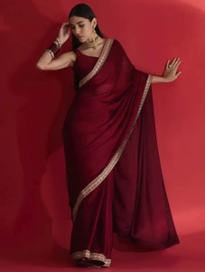 HIJA TRENDZ Solid/Plain Bollywood Chiffon Saree