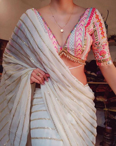 Yozzby Embroidered, Striped Bollywood Georgette Saree