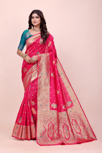 signagraph Woven, Floral Print, Temple Border Banarasi Silk Blend Saree