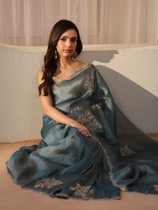 LIBAS Embellished Banarasi Tissue Saree Blue - Image 6