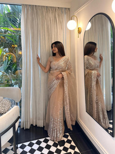 KRISHNACOLLECTION9 Embroidered, Embellished, Self Design Bollywood Net Saree