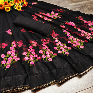 WEDDING VILLAGE Embroidered Bollywood Net Saree