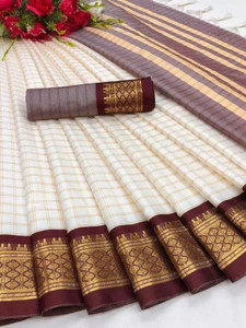 KanjiQueen Checkered Jamdani Silk Blend, Cotton Blend Saree