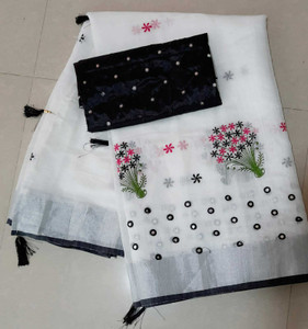 KRIVITY Embroidered Bollywood Cotton Linen Saree