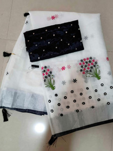 KRIVITY Embroidered Bollywood Cotton Linen Saree