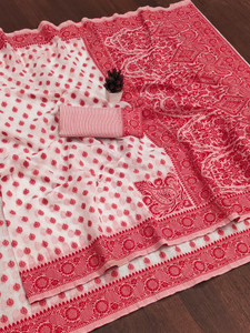 MUSHAK Woven, Temple Border, Striped, Floral Print, Solid/Plain Banarasi Cotton Silk Saree
