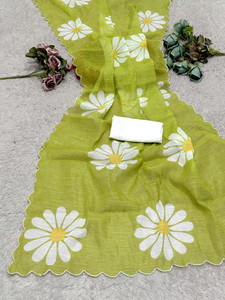 TAGALE Floral Print Chanderi Cotton Linen Saree