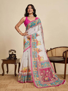 kiyan enterprise Printed, Animal Print, Graphic Print, Embellished Daily Wear Linen, Cotton Linen Saree