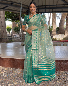 SIRIL Woven, Self Design, Embellished Banarasi Organza, Silk Blend Saree