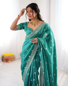 Satrani Embroidered, Embellished Bollywood Silk Blend Saree